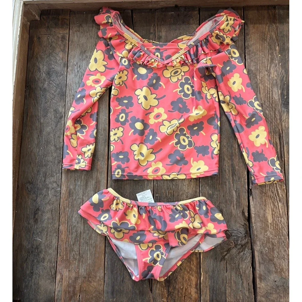 Little Stella Girls Tankini Swimsuit 2 Piece Floral Coral Grey Yellow‎ Size XL